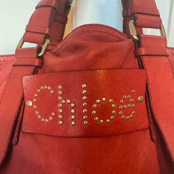 Chloe Patsy Leather Studded Logo Red Tote COA - Picture 6 of 16